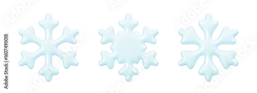 Set of realistic glossy 3d snowflake icons. Blue plastic snowflakes isolated on white background. Decoration design element for weather forecast, winter sale banner, greeting card. Vector illustration