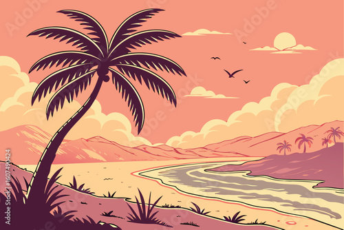  palm tree silhouette at sunset, tropical paradise, orange sky, golden hour, serene landscape, dreamy atmosphere, vibrant colors