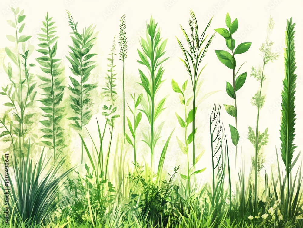 Obraz premium Assortment of digital illustrations of vibrant, various types of green grasses and foliage