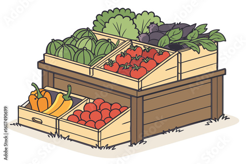  a vibrant display of fresh produce, including a variety of colorful vegetables and fruits arranged on a wooden market stall, lush green leaves, ripe tomatoes, juicy peppers, crisp lettuce, bountifu