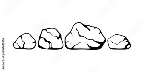Cartoon rock stones and boulders. Rubble, gravel, cobble vector set. Mountain natural elements, geological materials, rocky pieces different shapes isolated black and brown lumps, landscaping objects
