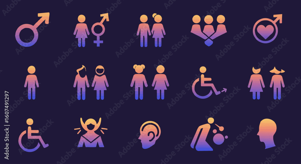 Fototapeta premium Modern gradient icon set representing diverse gender identities, relationships, and inclusion.