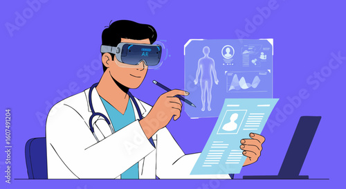 Futuristic healthcare professional using virtual reality for patient data analysis