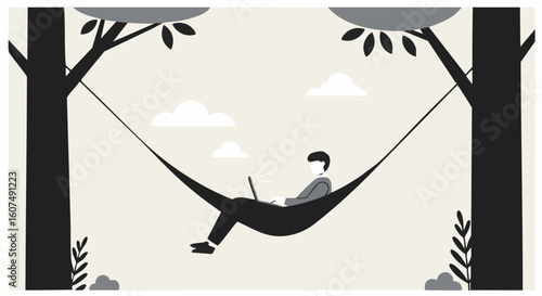 Minimalist illustration of a person working remotely on a laptop in a hammock outdoors.