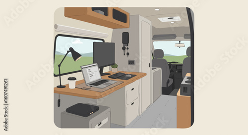 Comfortable and Productive Remote Work Environment in a Customized Camper Van, Ideal for Digital Nomads and Adventurous Travel