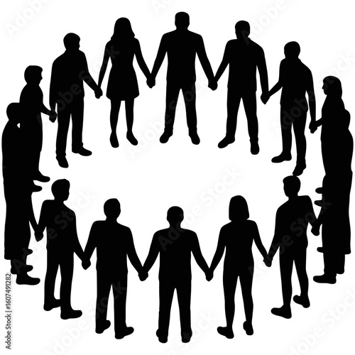 Silhouette of people holding hands circle