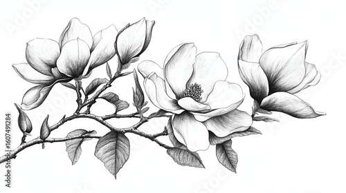 Black and white magnolia flower illustrations