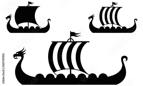 Three viking ships with dragon figureheads