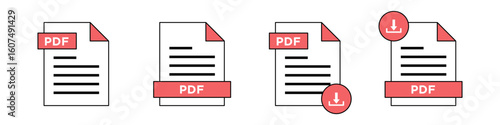 PDF file icons set showing document text and download outline designs in different styles. Vector graphic.