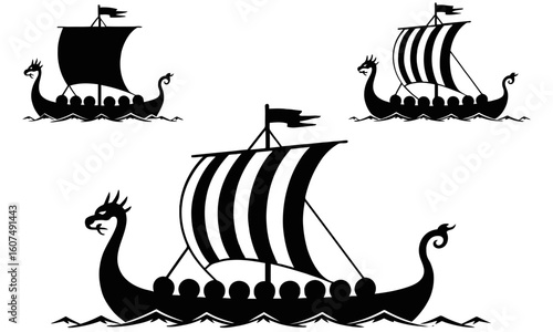 Three viking ships with dragon figureheads
