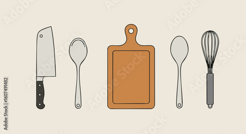 A set of illustrated kitchen tools with a cutting board, cleaver, spoons, and whisk