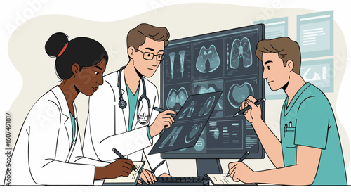 Medical team of doctors collaborating and analyzing brain MRI scans on a computer screen.