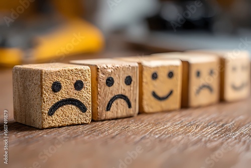 Unhappy, happy and neutral faces on wooden cubes representing negative customer feedback and user experience