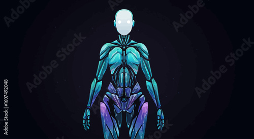 A futuristic biomechanical android with a glowing faceless head standing in the dark, representing advanced artificial intelligence and robotics.