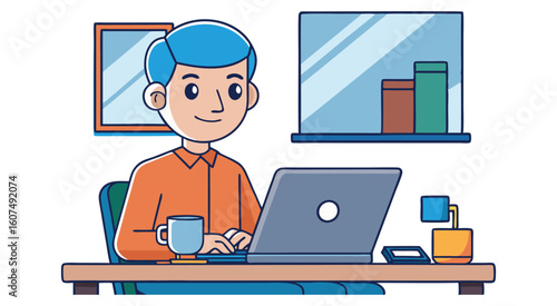 Man with blue hair working on laptop at desk vector