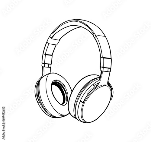 Headphones Line Art: A stylish monochrome illustration of over-ear headphones, showcasing their sleek design in a clean vector drawing.