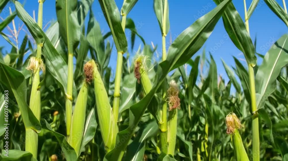 Corn stalks with green leaves and immature cobs against a clear blue sky Corn stalks with green leaves and immature cobs against a clear blue sky