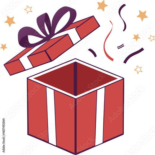 Vector art of an open red gift box with a purple ribbon and confetti exploding outwards