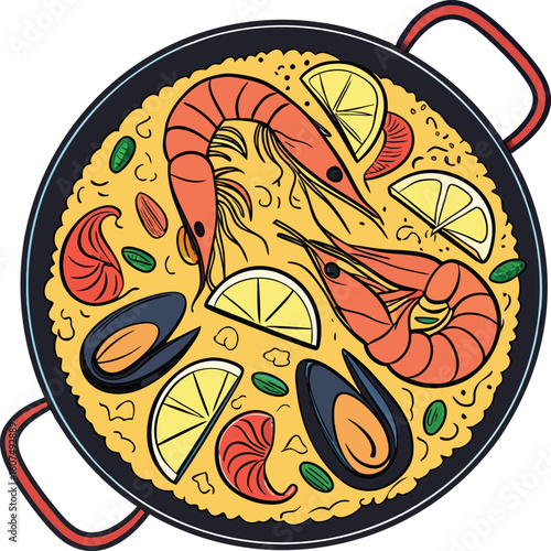 Vector art of a flavorful spanish paella dish brimming with shrimp, mussels, and lemon slices