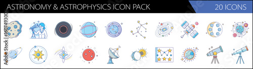 Astronomy and astrophysics icon pack, 20 icons in thin line vector style, space exploration symbols for science education and cosmic research