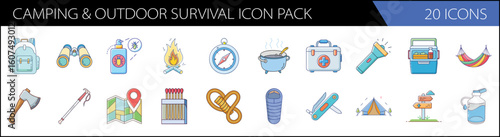 Camping and outdoor survival icon pack, 20 icons in line art style, adventure equipment and hiking gear collection, blue and orange vector set