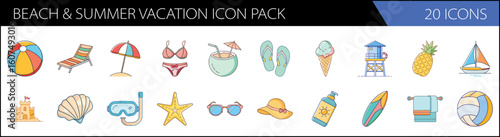 Beach and summer vacation icon pack, 20 icons in hand drawn style, colorful tropical holiday vector set for travel and tourism design