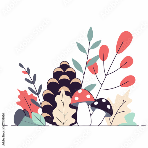 Jesienna leśna kompozycja. Zbiór darów lasu: liście, grzyby i szyszka, idealny jako element dekoracyjny.