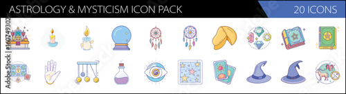 Astrology and mysticism icon pack, 20 vector icons set with crystal ball and tarot cards, esoteric spiritual symbols for divination and magic