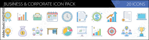 Business and corporate icon pack with 20 vector elements, professional finance and management symbols, colorful flat line icons for marketing