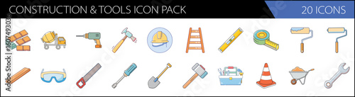 Construction and tools icon pack, set of 20 vector icons for home renovation, industrial building equipment and hardware repair symbols