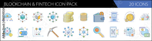 Blockchain and fintech icon pack, set of 20 cryptocurrency and digital finance vector icons, modern financial technology symbols for web design