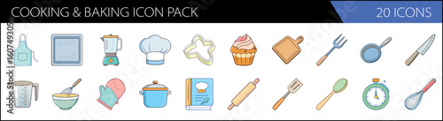 Cooking and baking icon pack, 20 icons set of kitchen tools and culinary equipment, colorful hand drawn style vector illustrations for food apps