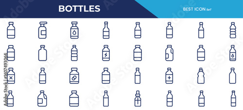 Bottles Line Icons – Minimalist Style for Water, Medicine, Spray, and Beverage Containers