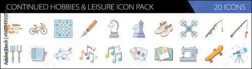 Modern Hobbies and Leisure Icon Pack, 20 Vector Icons for Lifestyle Activities, Flat Line Art Set of Recreation and Entertainment Symbols