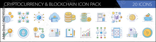 Cryptocurrency and blockchain icon pack, 20 icons in flat line style, digital finance and bitcoin mining vector set for web design