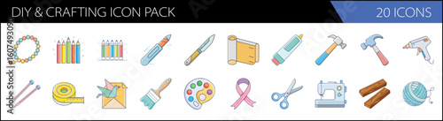 DIY and crafting icon pack with 20 vector elements, handmade hobby tools and art supplies collection, colorful sewing and carpentry icons