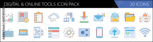 Digital and online tools icon pack, 20 icons set for web and mobile interface, flat vector technology symbols for business and data management