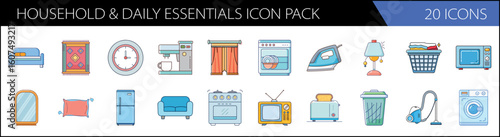 Household and daily essentials icon pack, set of 20 flat vector icons for home appliances and furniture, domestic lifestyle symbols for interior design