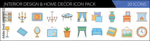 Interior design and home decor icon pack, 20 flat vector icons for furniture and living room styling, modern household accessories set