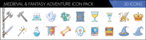 Medieval and fantasy adventure icon pack, 20 vector icons for RPG gaming, mythical dragon and castle symbols, magic wizard items and ancient weapons