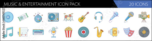 Music and entertainment icon pack, 20 icons in flat line style, musical instruments and audio equipment vector set for multimedia apps