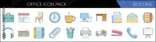 Office icon pack with 20 icons, modern business supplies and workspace equipment vector set, professional corporate stationery and desk accessories