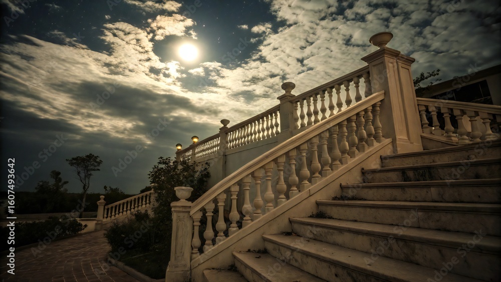 Fototapeta premium Grand stone staircase leading up to a dramatic cloudy sky with a bright moon