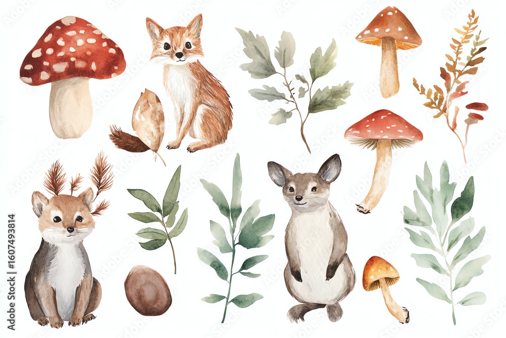 Fototapeta premium Collection of watercolor woodland animals, plants, and mushrooms on a white background