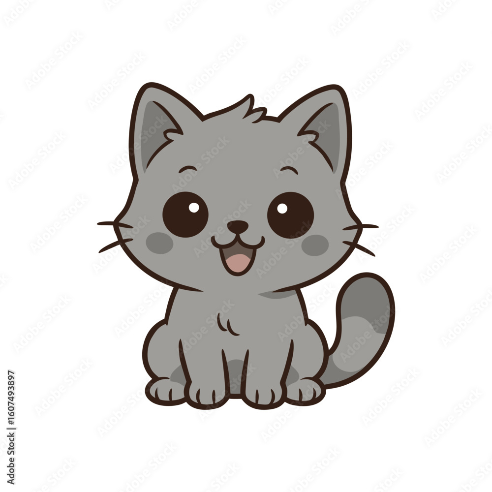 Grey Kawaii Cartoon Cat. Sweet Anime Style Grey Kitten with Round Face and Big Eyes, Cute Cat Character Illustration in Japanese Kawaii Style Grey Kawaii Cartoon Cat. Sweet Anime Style Grey Kitten with Round Face and Big Eyes, Cute Cat Character Illustration in Japanese Kawaii Style