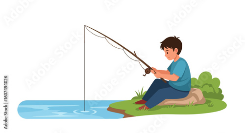 Young boy patiently fishing by a calm riverbank, enjoying a peaceful outdoor activity.
