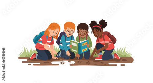 Four diverse children on a nature walk, studying insects together.