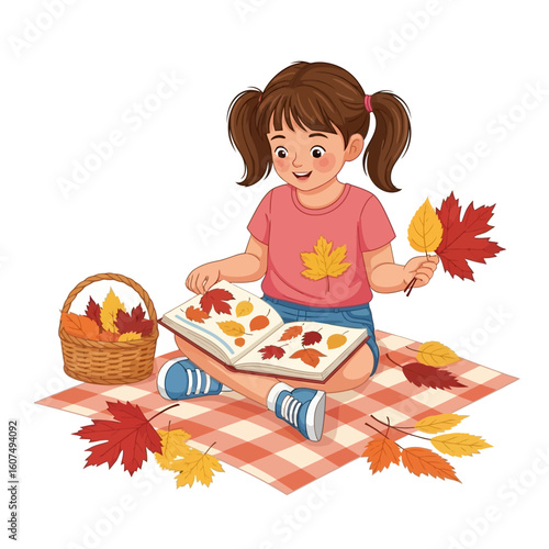 A girl sits on a blanket, arranging autumn leaves in a book, with a basket of leaves beside her.
