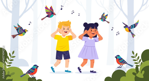Two children joyfully listen to colorful birds singing in a tranquil forest.