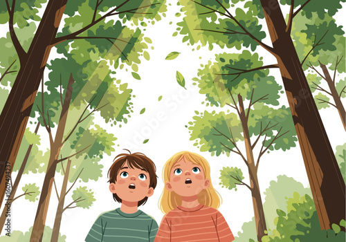 Two children gaze upward in awe, surrounded by a lush, sun-dappled forest, leaves gently falling around them.